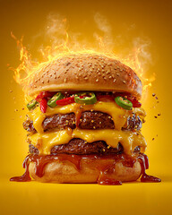 Fiery Triple Cheeseburger with Jalapenos and Chili Flakes  Spicy Fast Food Concept made with generative AI