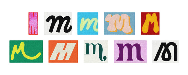 Assorted letter M glyphs, uppercase and lowercase, transparent PNG set
