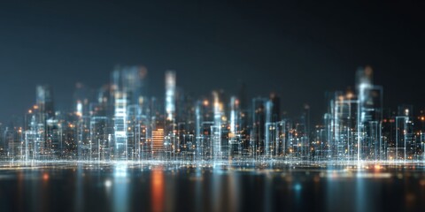 Obraz premium Futuristic Cityscape at Night with Glowing Lights and Digital Data Overlays Representing Technology and Innovation in a Modern Urban Environment