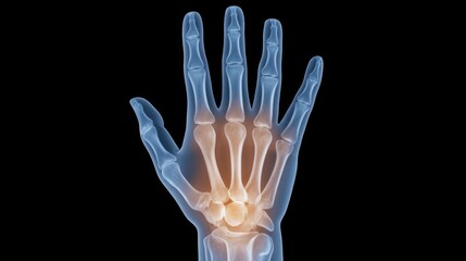 Obraz premium X-ray image of a human hand showcasing skeletal structure, bones, joints, and anatomy highlighting the wrist and finger bones in detail