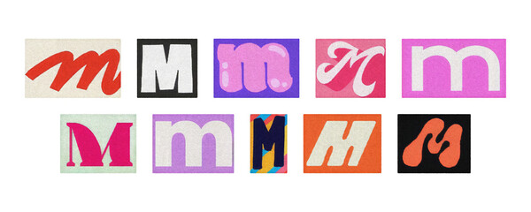 Assorted letter M glyphs, uppercase and lowercase, transparent PNG set

