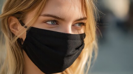 health safety and pandemic concept  young woman wearing black face protective reusable barrier mask outdoors no logos no brands ar 169