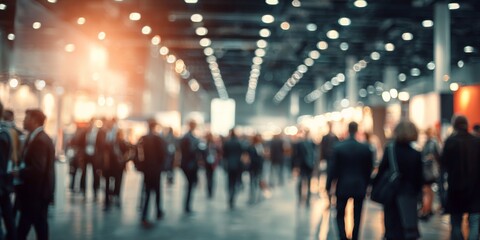 Busy Exhibition Hall with Blurred Background, People Engaging in Interactive Displays and Networking at a Conference Event