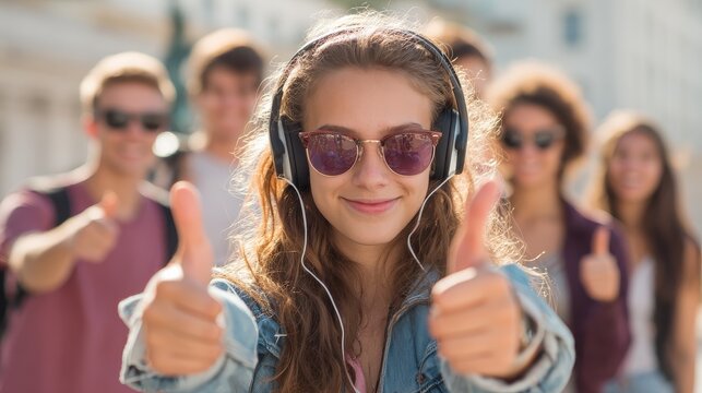 summer holidays and teenage concept  teenage girl in sunglasses and headphones hanging out with friends outside and showing thumbs up no logos no brands ar 169