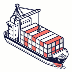 Naklejka premium Modern cargo ship carrying stacked shipping containers with a crane in isometric view on white background
