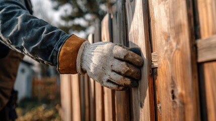 A person wearing gloves is fixing a wooden fence in a residential backyard. The sun is shining, creating a warm atmosphere as they carefully work on the fence