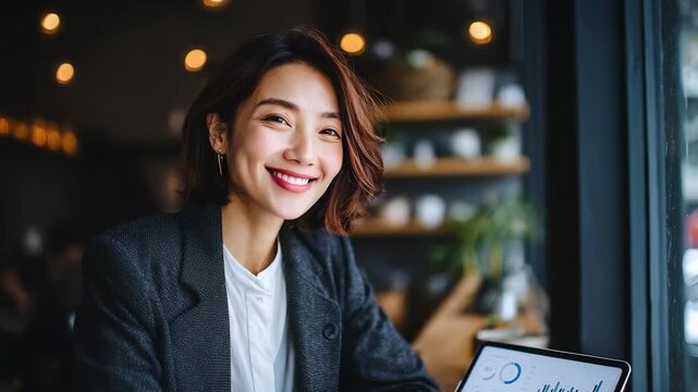 A businesswoman in a blazer sits at a cafe, smiling with eyes closed while reviewing charts on a laptop.