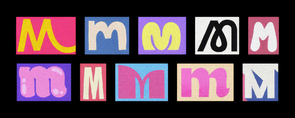 Vintage and modern letter M tiles collection, magazine collage on black
