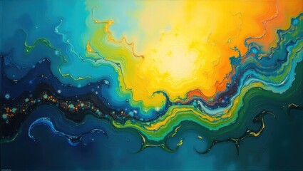 This abstract artwork depicts flowing, vibrant, and swirling patterns, combining contrasting blues, greens, yellows, and oranges.