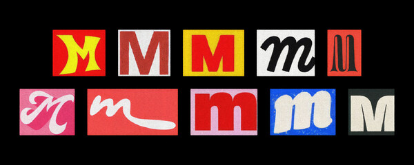 Bold letter M collection in varied fonts, magazine collage on black
