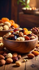 Assorted dried fruits and nuts in wooden bowl