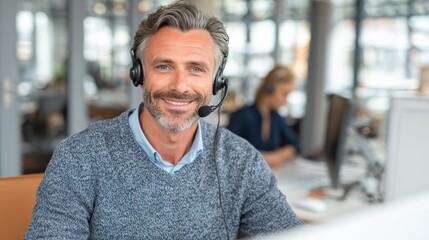 call center agent with headset working on support hotline in modern office with copy space portrait of mature positive agent in conversation with customer over headset looking at camera no logos no b