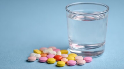 Colorful pills of various shapes rest next to a clear glass filled with water on a smooth blue surface, suggesting medication or vitamin intake. The scene highlights a health-conscious theme