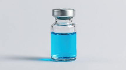 A small glass vial filled with a bright blue liquid is placed on a plain white background. The vial has a metal cap and casts a soft shadow under natural light