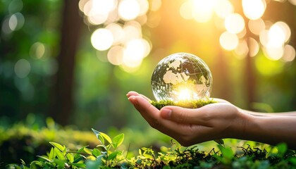 Hand holding a glass globe of Earth, nestled in greenery, with a blurred forest background lit by sunlight