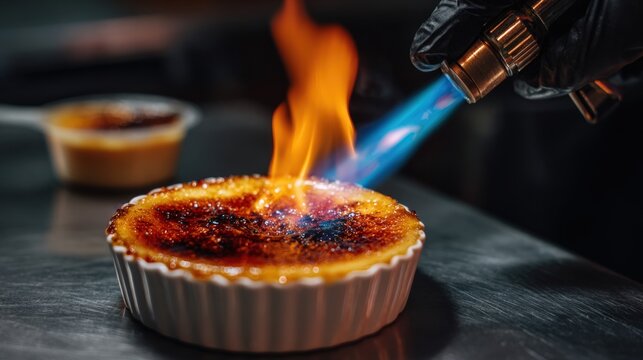 Chef Using Blowtorch to Caramelize Creme Brulee in First-Person View - Powered by Adobe