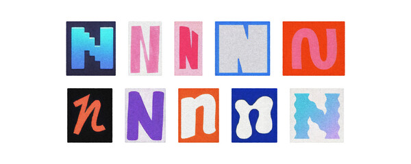 Magazine letter N cutout tiles collage set, colorful on transparent PNG
