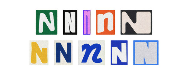 Magazine letter N cutout tiles collage set, colorful on transparent PNG
