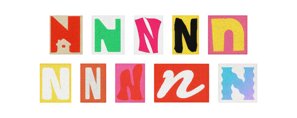 Colorful letter N collage from magazine clippings, isolated transparent PNG
