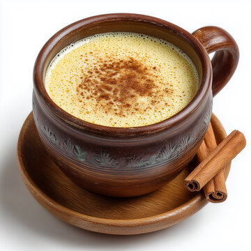 Mug filled with creamy yellow beverage, likely atole or horchata, topped with cinnamon powder, served on wooden saucer with cinnamon sticks.