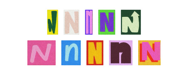 Vintage and modern letter N tiles, magazine collage on transparent PNG
