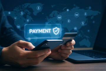 A person holding a credit card and smartphone with a digital payment interface overlayed, symbolizing secure online transactions.