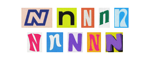 Typography letter N set in diverse styles, cutouts on transparent PNG
