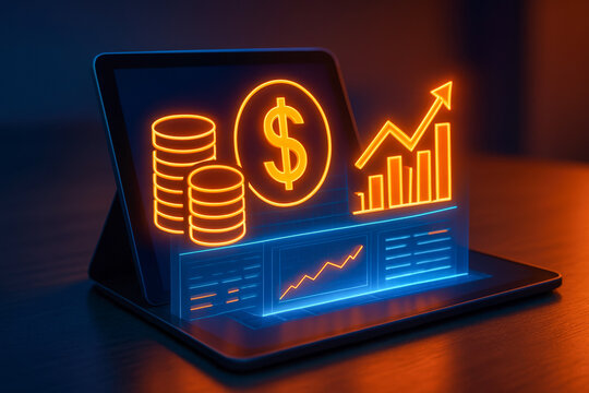 Digital financial growth represented by glowing neon charts, coins, and a dollar sign on a tablet screen.