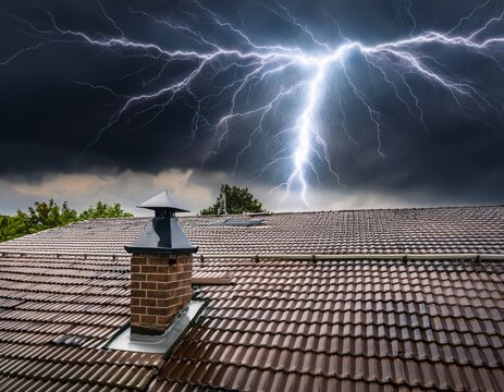 storm wracked rooftop with lightning rod offering protection and safety amidst swirling energy of wet weather