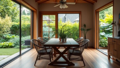 a comfortable dining table with some flowers in the morning