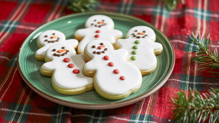 A plate of festive snowman-shaped sugar cookies decorated with white icing and colorful candy details, set against a red plaid tablecloth with evergreen sprigs.