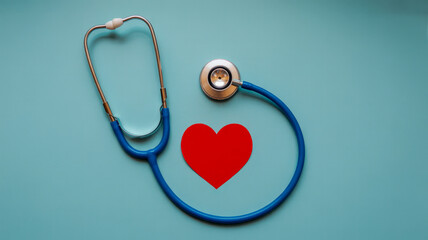A stethoscope is placed around a red heart symbol on a teal background, representing healthcare and cardiology.