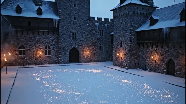 Ancient Castle Courtyard Covered in Winter Snow and Torches