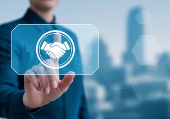 Businessman touching a digital handshake icon on a futuristic screen
