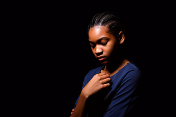 Young african american girl in partial shadow with braided hair, moody dark background portrait, Generative AI