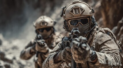 Two soldiers in tactical combat gear are focused on a training exercise in a rocky landscape. They are equipped with rifles and demonstrate teamwork while remaining alert and poised