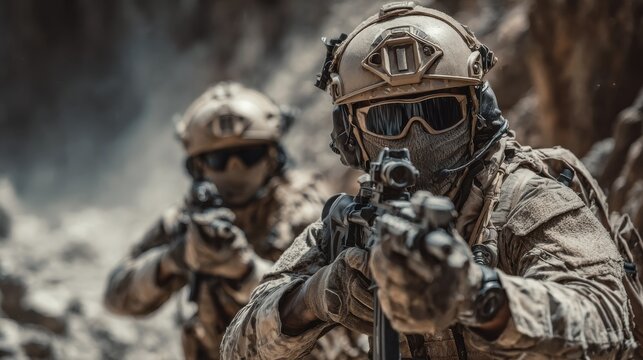 Two soldiers in tactical combat gear are focused on a training exercise in a rocky landscape. They are equipped with rifles and demonstrate teamwork while remaining alert and poised - Powered by Adobe