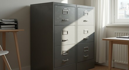 Vintage Metal Filing Cabinets with Dramatic Sunlight and Shadow in Office Setting.
