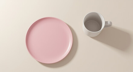 Minimalist aesthetic pink plate and white mug on cream surface