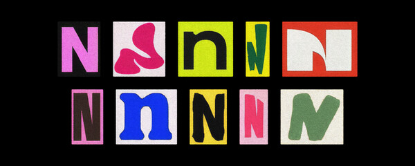 Vintage and modern letter N tiles collection, collage on black background
