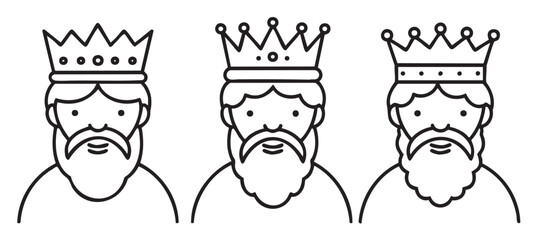 Fototapeta premium Three cartoon kings with crowns in black and white line art - stock vector