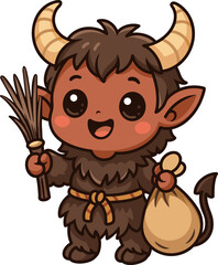 Cute cartoon Krampus holding a broom and a sack, traditional folklore character from Alpine Christmas stories