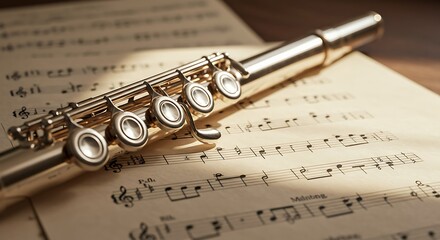 Silver Flute Resting on Antique Sheet Music - A Musical Still Life.