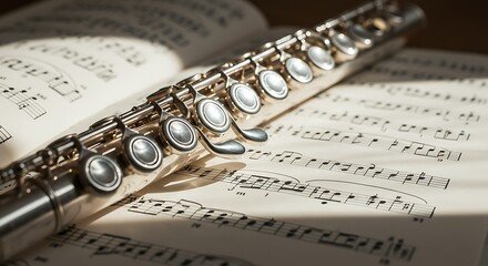 Silver Flute Resting on Sheet Music, Illuminated by Soft Light.