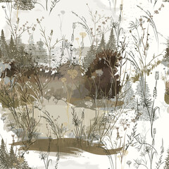 Autumnal abstract wallpaper pattern with hand drawn plants and landscapes, olive, grey tones
