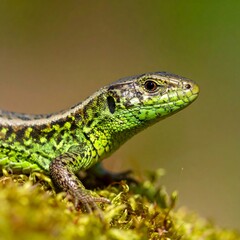 Naklejka premium Close-up of a lizard on moss