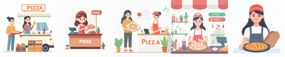 vector woman selling pizza