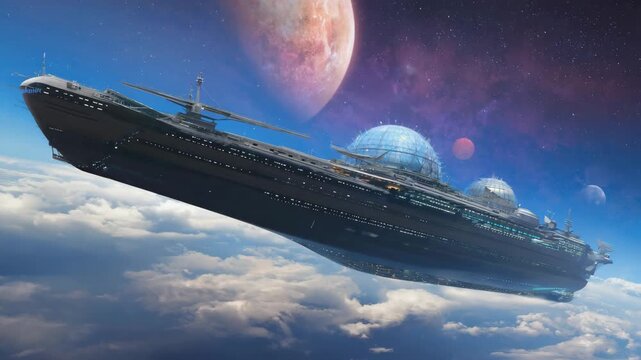 A majestic ark-like spacecraft carrying civilizations across galaxies 