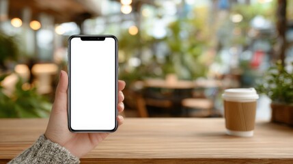 A person holds a smartphone with a blank screen in a cozy cafe setting. Lush plants and wooden tables create a warm atmosphere during the day, perfect for relaxation or work