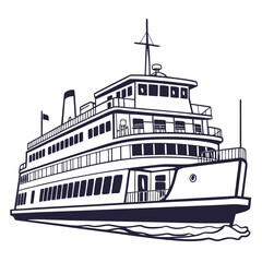 Stylized illustration of a large passenger ferry boat sailing on the water in a simple line art style